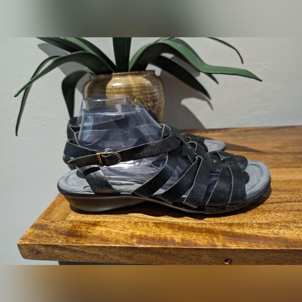 Sanita Womens  Leather Mini Wedge Sandals Black Strappy Boho Casual size 42/11.5